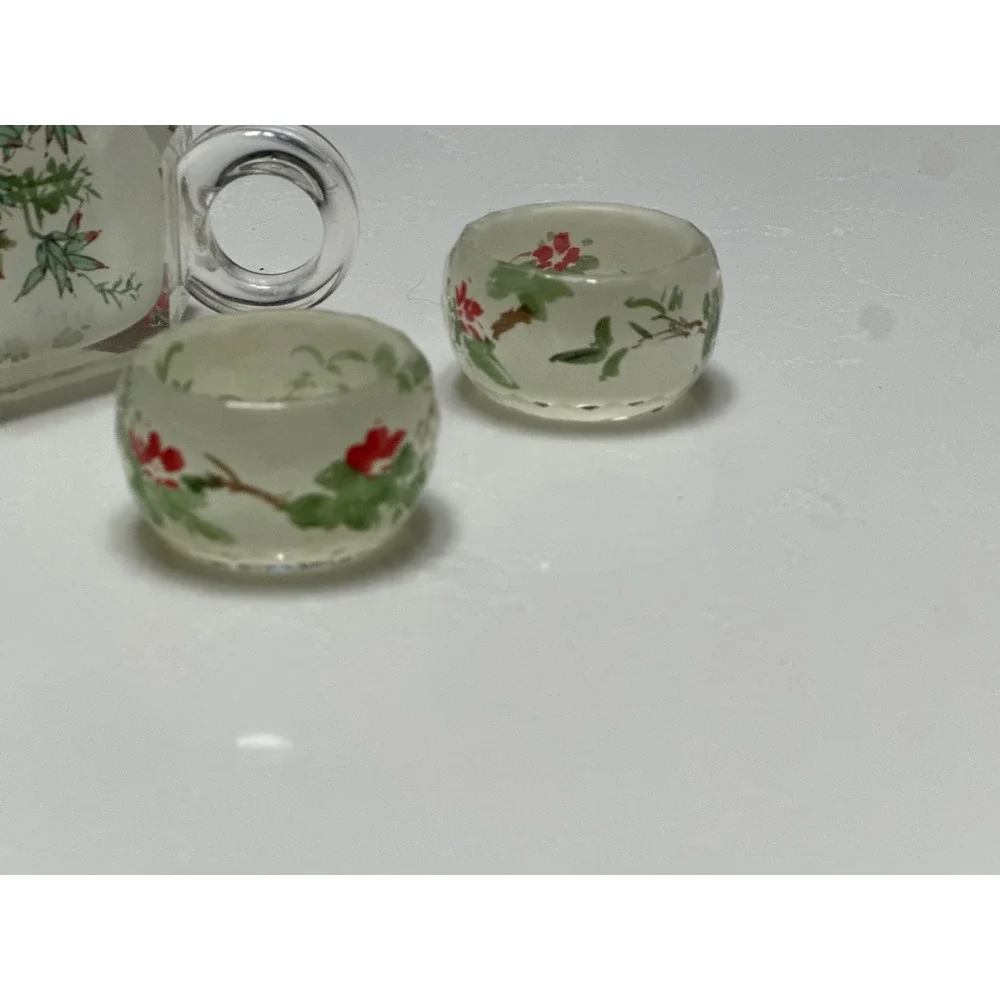 Vintage Cut Glass Miniature Tea Set‎ Teapot 4 Cups Bird Floral Motif Chinoiserie
